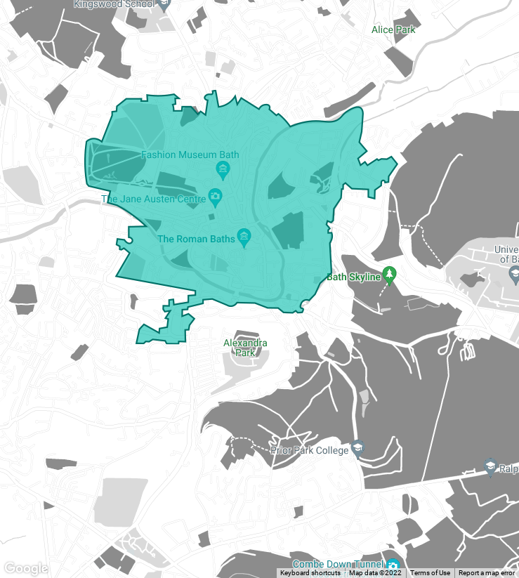 grey and blue map of Bath city centre showing the Clean Air Zone
